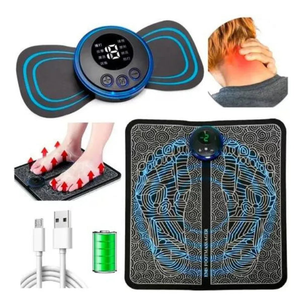 Kit Massageador Elétrico Portátil + Tapete Massageador para Pés e Corpo