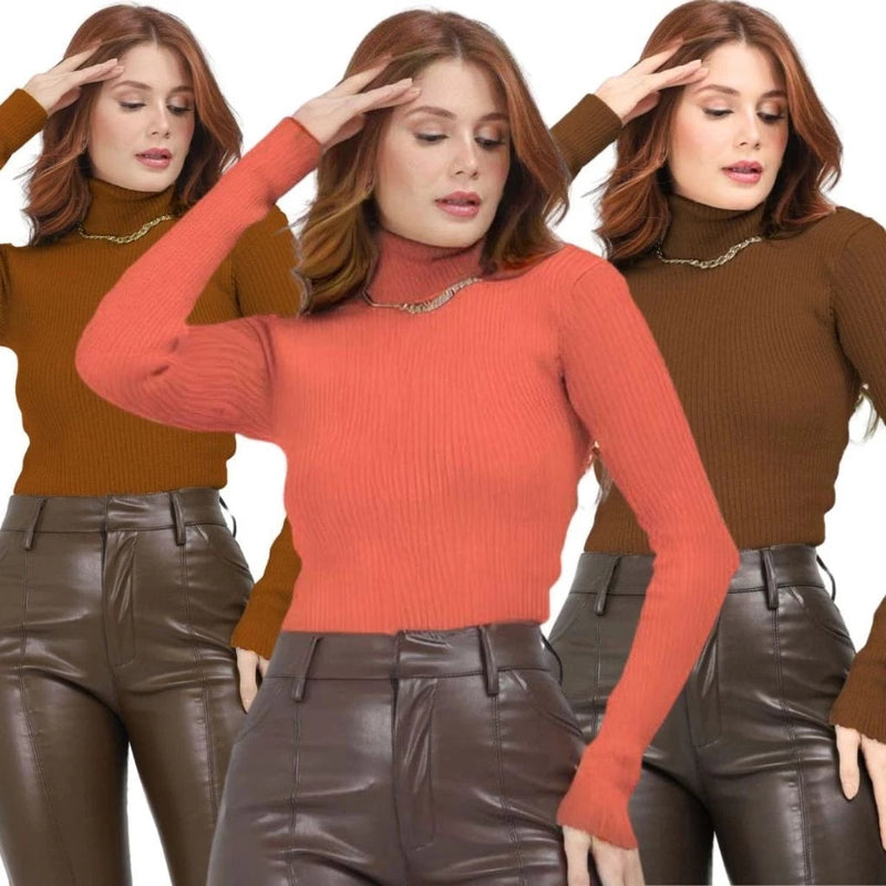 Kit com 3 Blusas de Frio Feminina em Tricô com Gola Alta