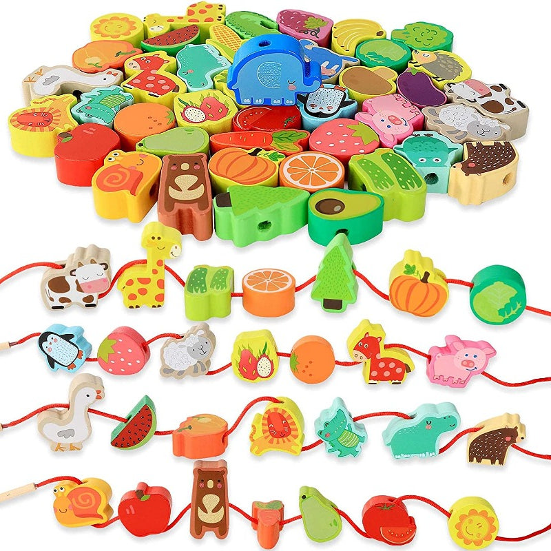 Kit de Contas de Madeira Montessori com Cordão – Brinquedo Educativo de Encaixe com Animais, Frutas, Letras e Números